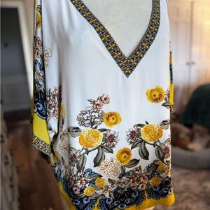 White House Black Market Floral V-Neck Blouse - White and Yellow
